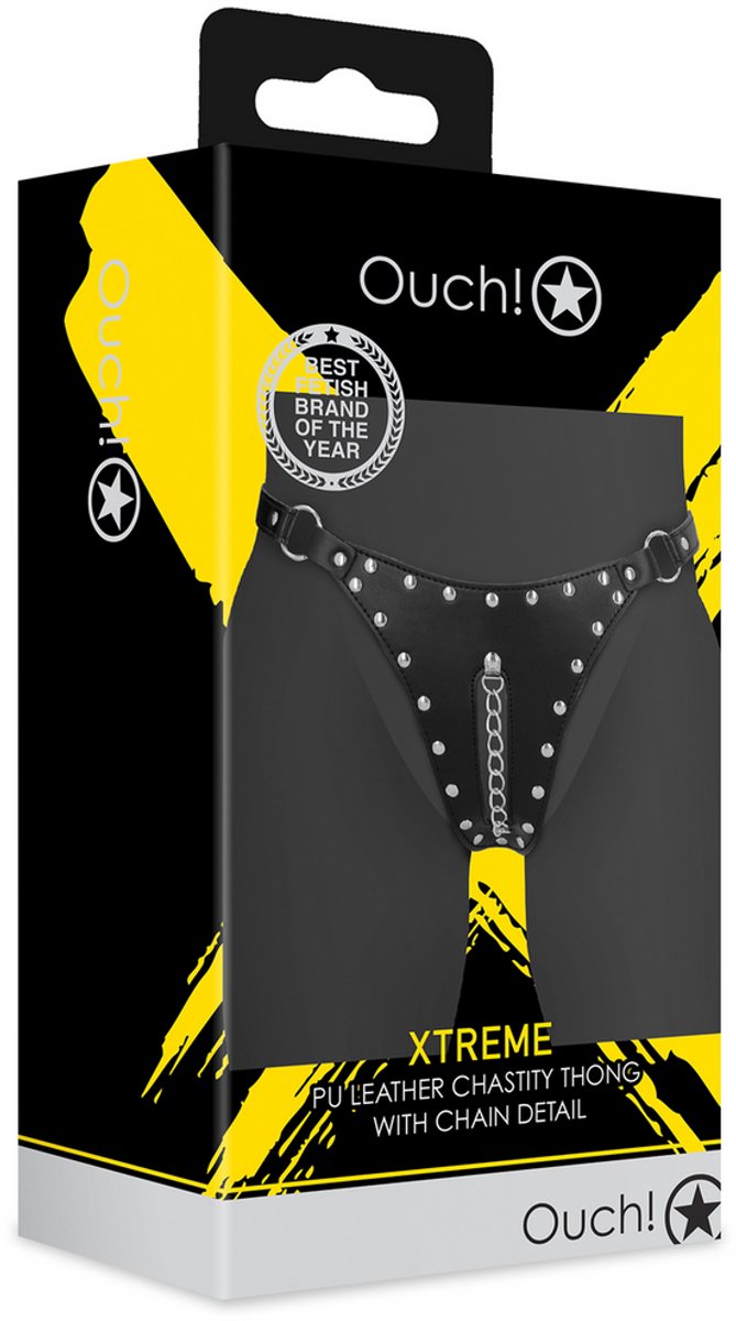 PU Leather Chastity Thong with Chain Detail - Black