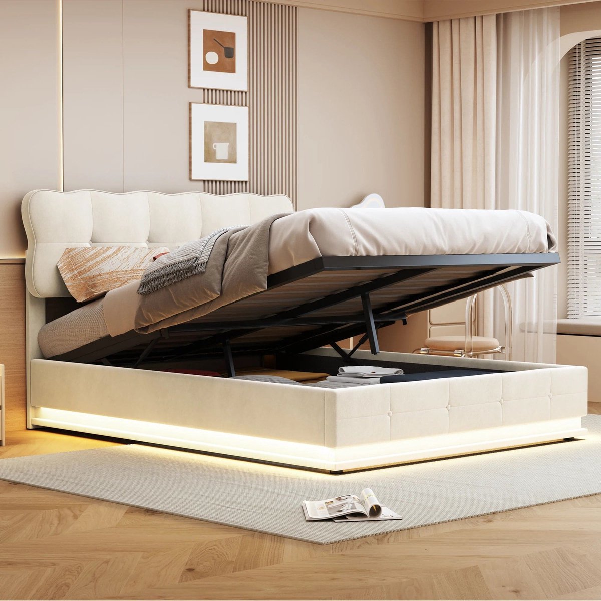 Tweepersoonsbed – Bed – Slaapbed – Opbergbed – Velvet Bed – Beige 140x200cm – Met Opbergruimte – Instelbare RGB LED-Verlichting