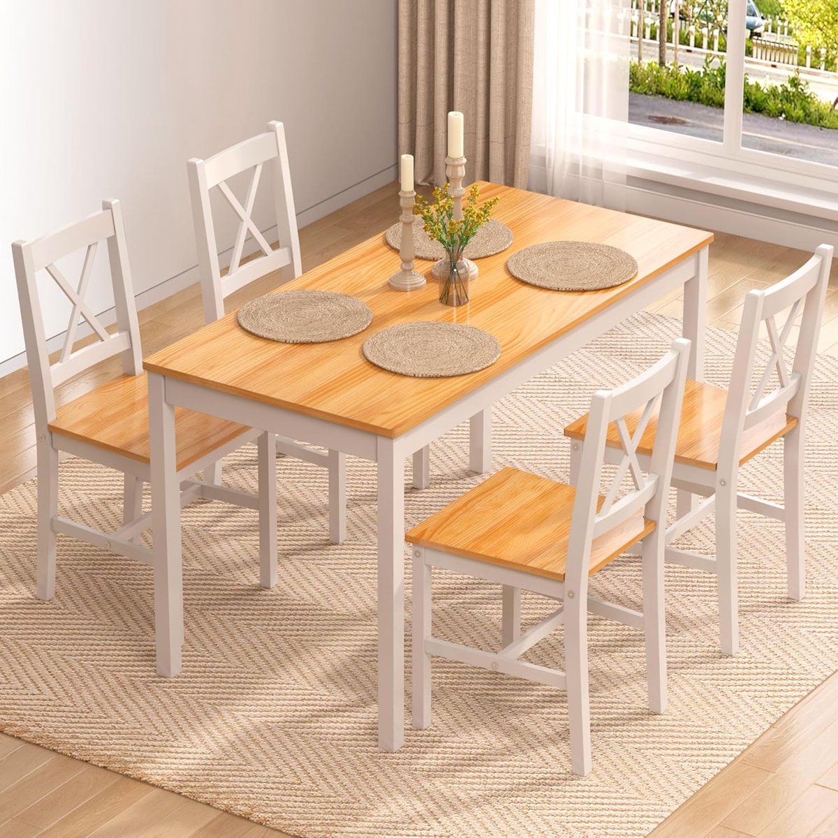 Eetkamerset voor 4 personen - Houten Eettafel met 4 Stoelen - Compact & Ruimtebesparend - Natuur/Wit