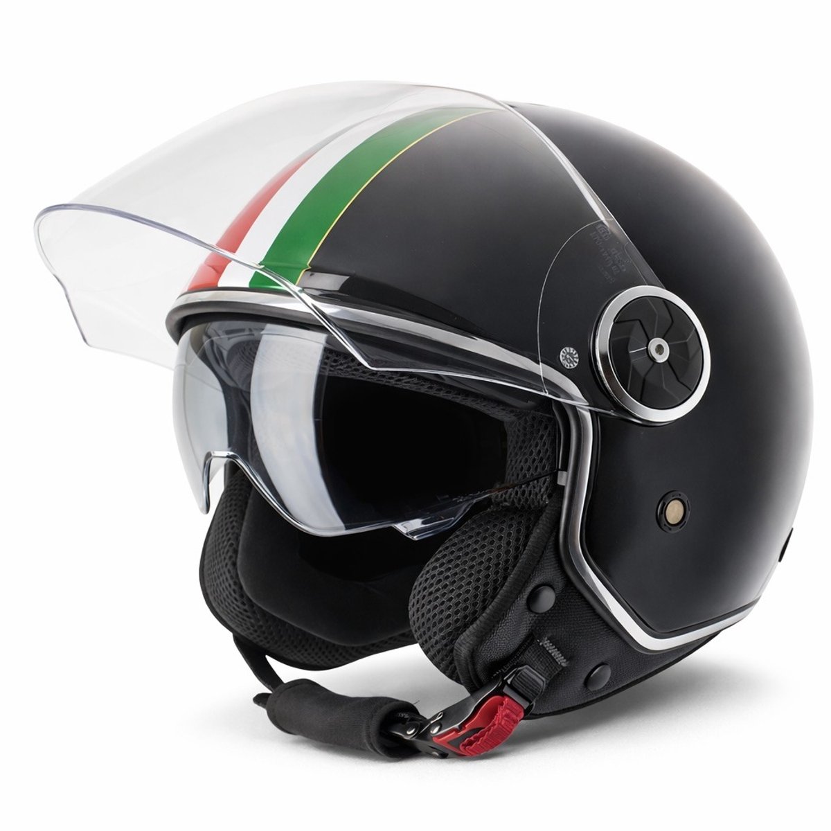 VINZ Neiva Scooterhelm / Motorhelm Retro - Italiaanse Vlag - Zonnevizier - ECE 22.06 goedgekeurd - Glans Zwart - XS