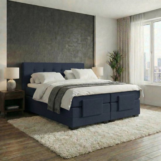 Mörgenn Elektrische Boxspring LUXA - Luxe Splittopper - Pocketvering - Donkerblauw - 140x220 cm - Inclusief Montage + Dekbed en Kussens