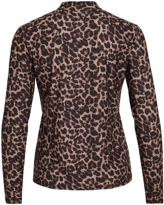 Dames T-shirt met lange mouwen en een bruin luipaardprint met hoge hals, achterkant.
