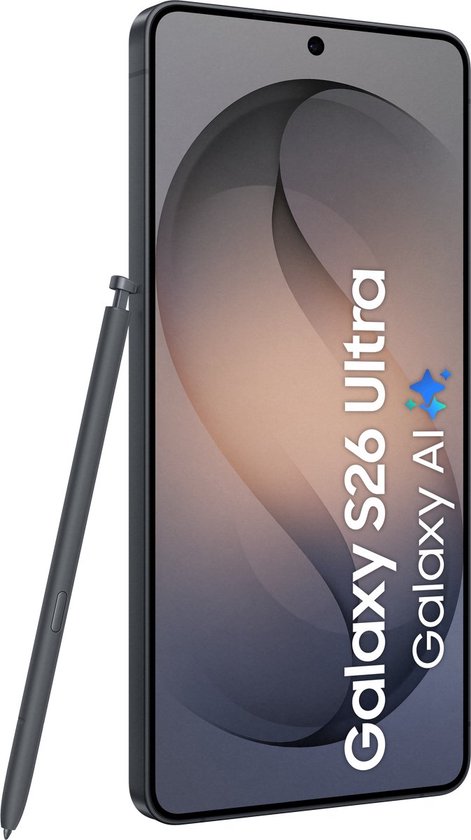 Zwarte Samsung S26 Ultra Galaxy AI smartphone met stylus.