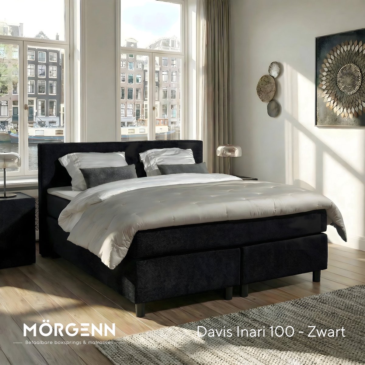 Mörgenn Boxspring Amsterdam - Pocketvering - Zwart - 120x210 cm - Inclusief Dekbed en Kussens