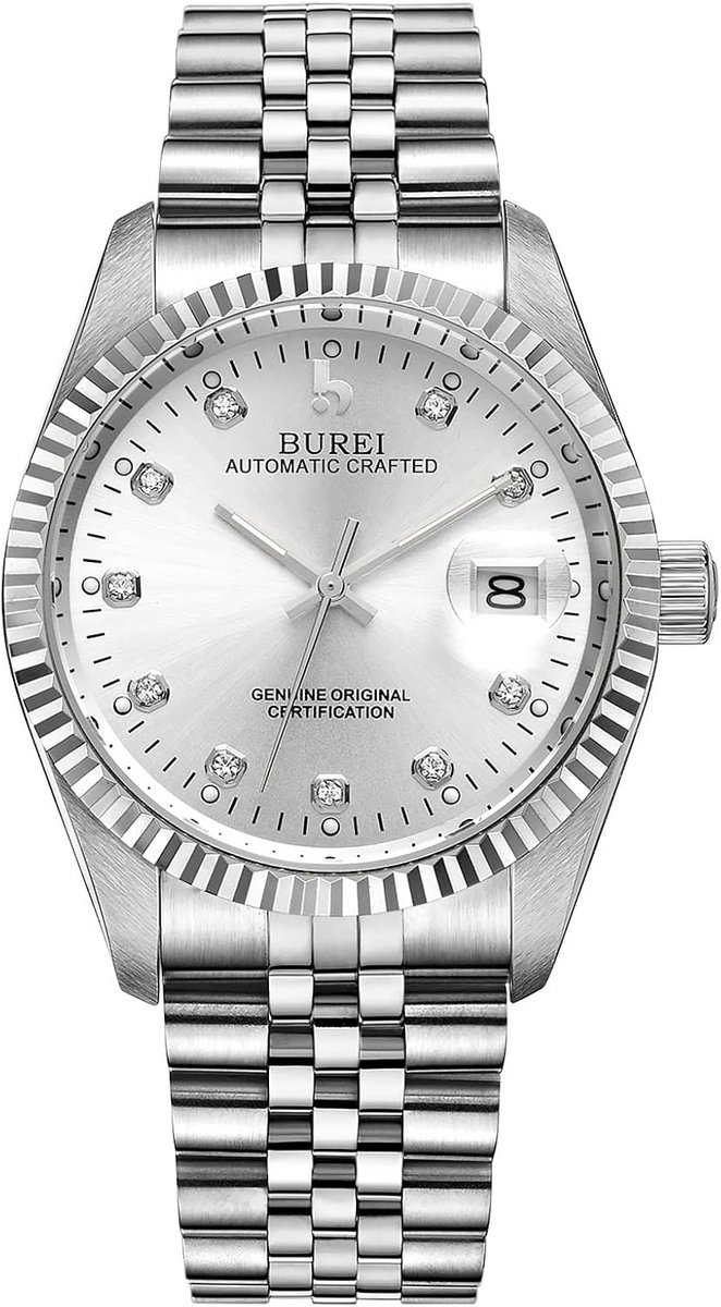 Mechanisch Herenhorloge Zelfopwindend Zilver Kleur Stalen Band Saffierglas Datum