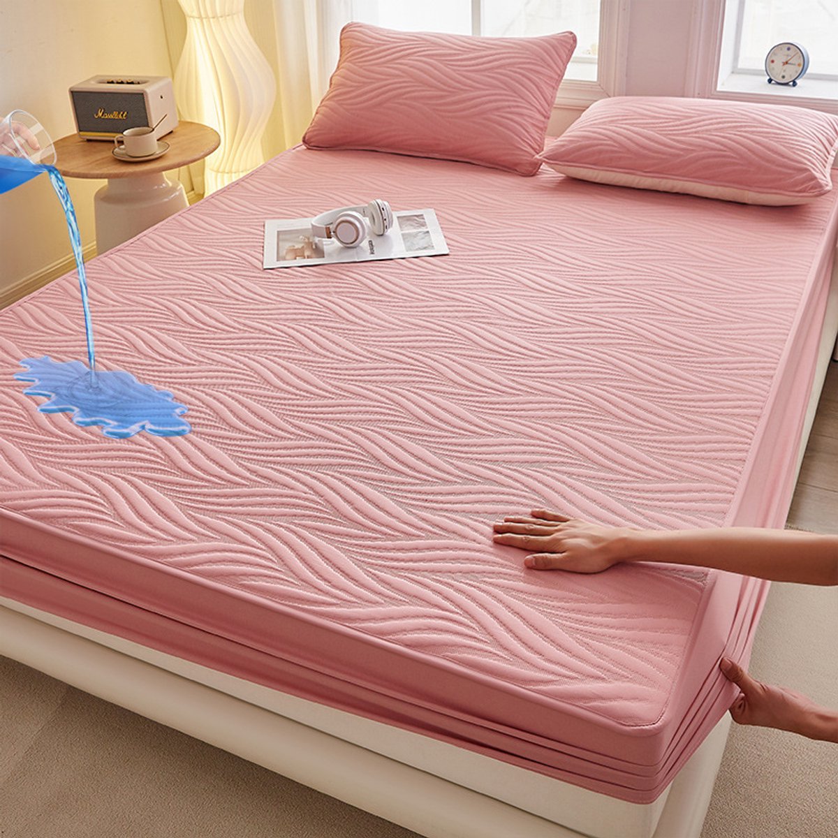Matrashoes + 2 kussenslopen, TPU-laag voor waterdicht en ademend gebruik, geschikt voor matrassen tot 28 cm dik,Wolkenrode bonenpasta,200*200cm+kussensloop 48*74cm