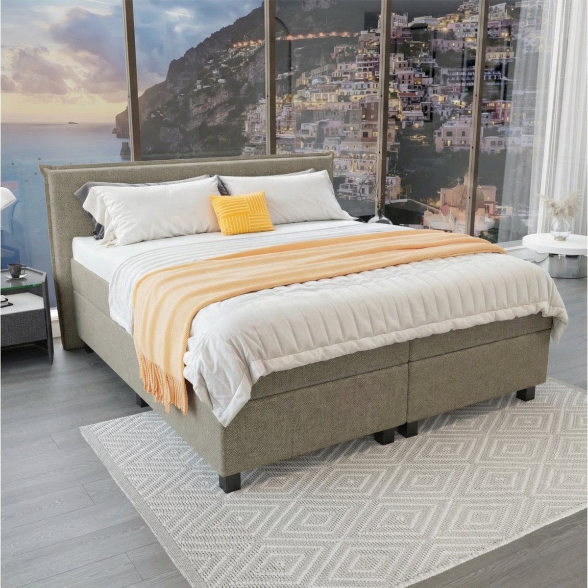 Mörgenn Boxspring Capri - Pocketvering Boxen en matrassen - Luxe 12cm topper - Taupe - 120x210 cm - Inclusief Dekbed en Kussens