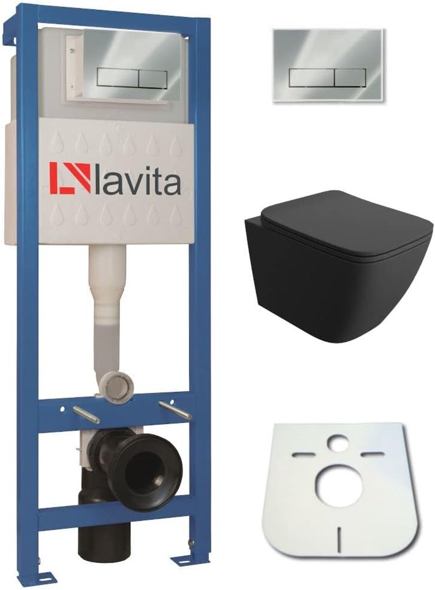 Combi-Set Wandcloset Inclusief Inbouwreservoir en Softclose Toiletbril - Zwart Bedieningspaneel