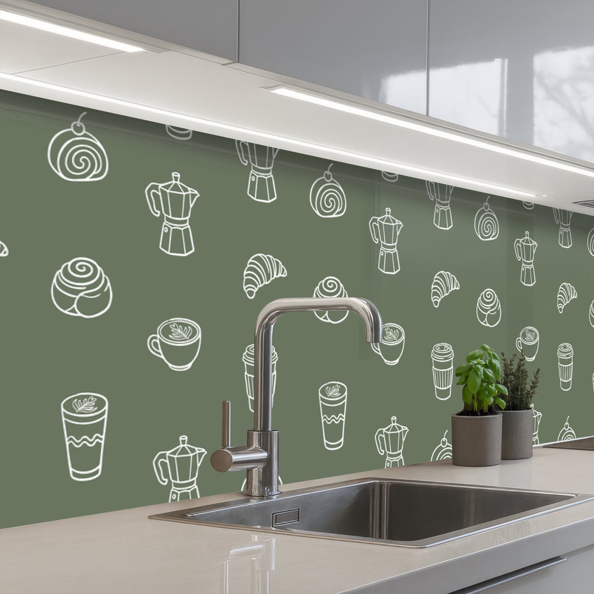 Keuken achterwand 250x60 cm - Spatscherm zelfklevend Koffie - Broodjes - Groen - Patroon - Muurbeschermer - Spatwand fornuis