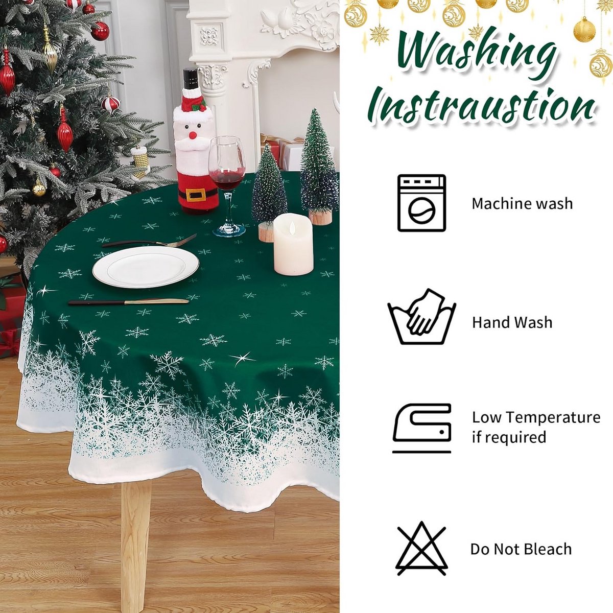 Ronde Kerst Tafelkleed Waterdicht en Morsbestendig 152 cm Groen Sneeuwvlok Decoratie