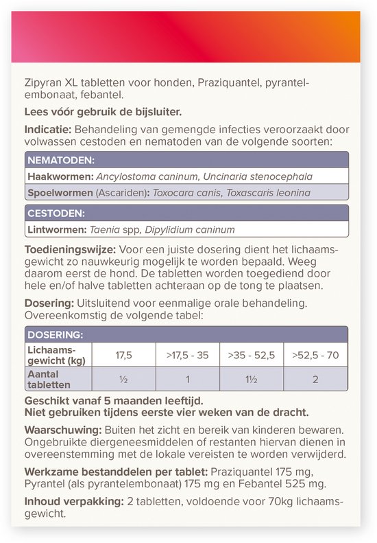 Informatiepagina over Beaphar wormtabletten voor honden: indicatie, doseringstabel en gebruikswijze.