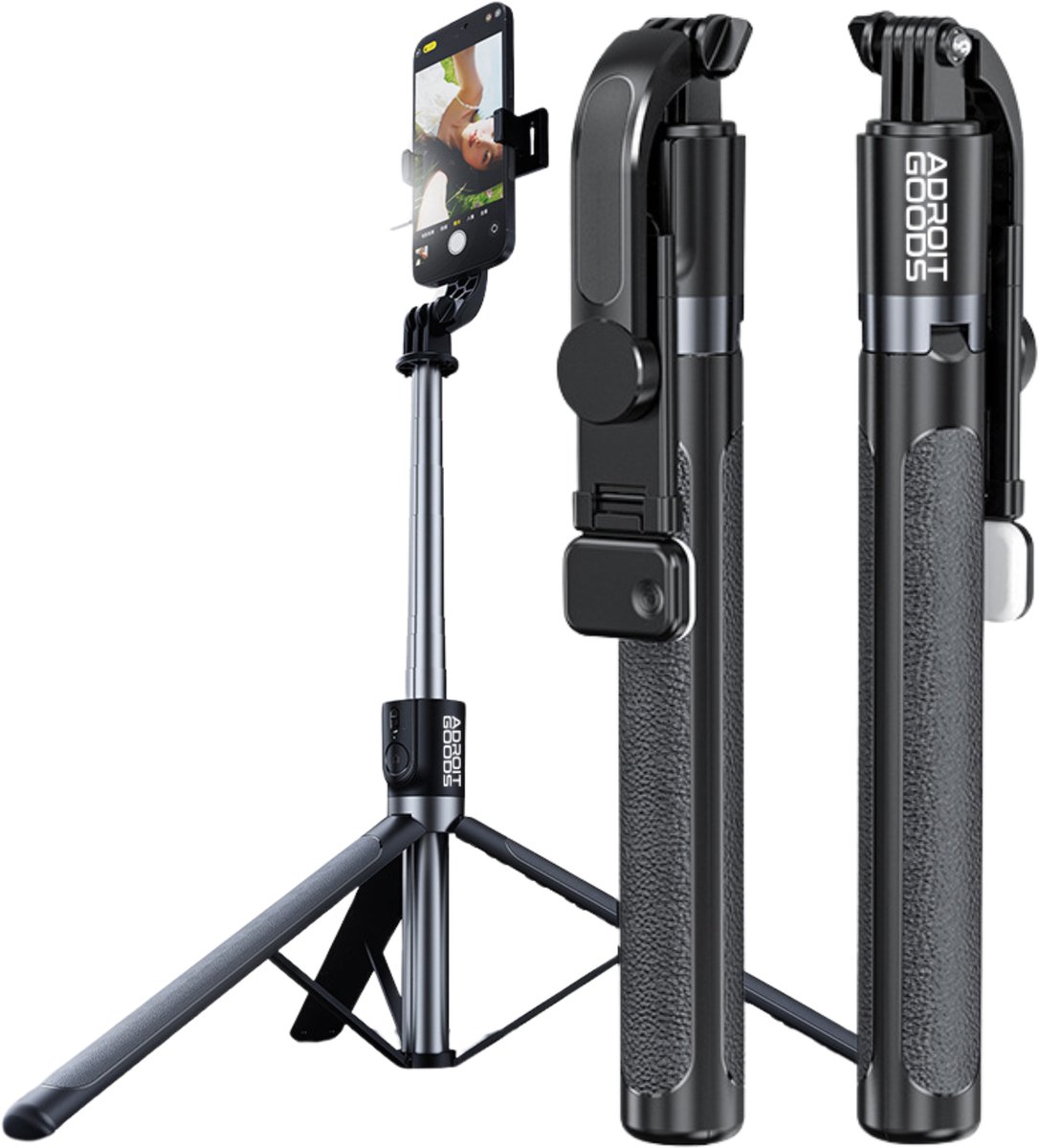AdroitGoods Selfie Stick & Tripod 1,88 m – Pro Edition - Anti-Shake - Aluminium - Bluetooth Afstandsbediening - Met Driepoot & LED-Vullicht
