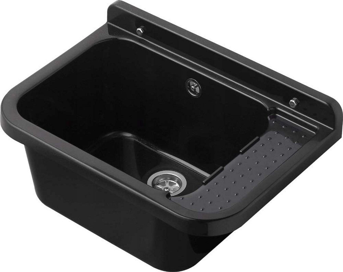 Zwarte Gootsteen met Overloop 59x34x21 cm voor Bijkeuken, Tuin en Commercieel Gebruik