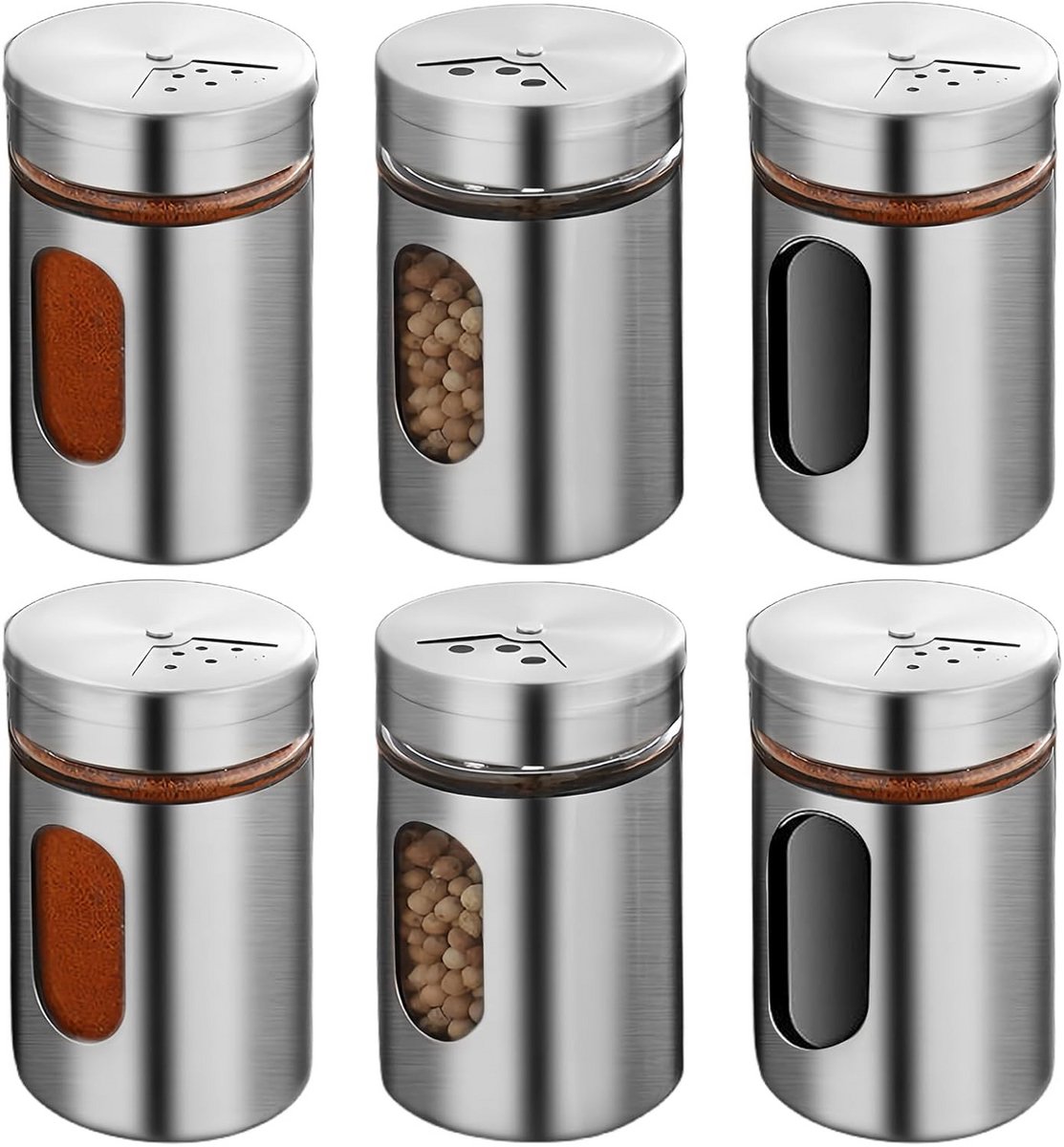 Set van 6 Kruidenpotjes met Draaideksel van Glas en RVS (80 ml)
