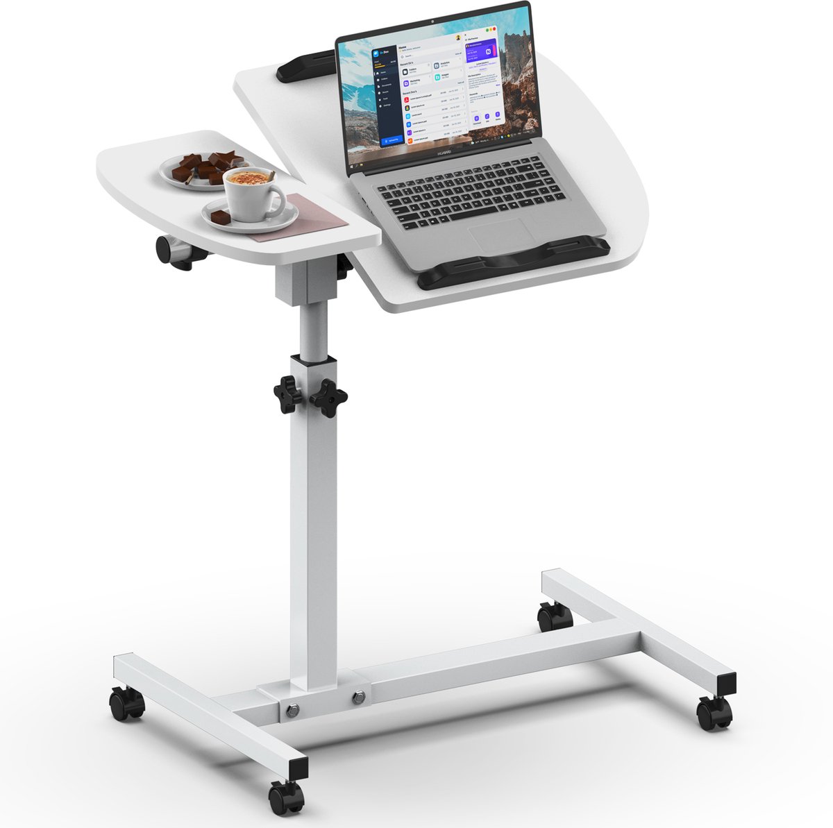 Soontrans - Laptoptabel - Verstelbare Bijzettafel - Wieltjes Mobiel Sta-Bureau– In Hoogte Verstelbare Nachttafel - Kantelbaar Bureau Voor Laptop - Thuiskantoor en Zorg - Computerwerkstation - Wit