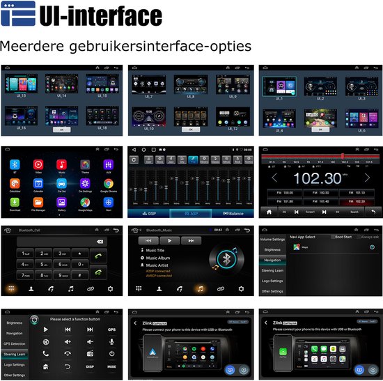 Overzicht van meerdere UI-interfaces voor autoradio, inclusief instellingen voor helderheid, navigatie, geluid en meer.