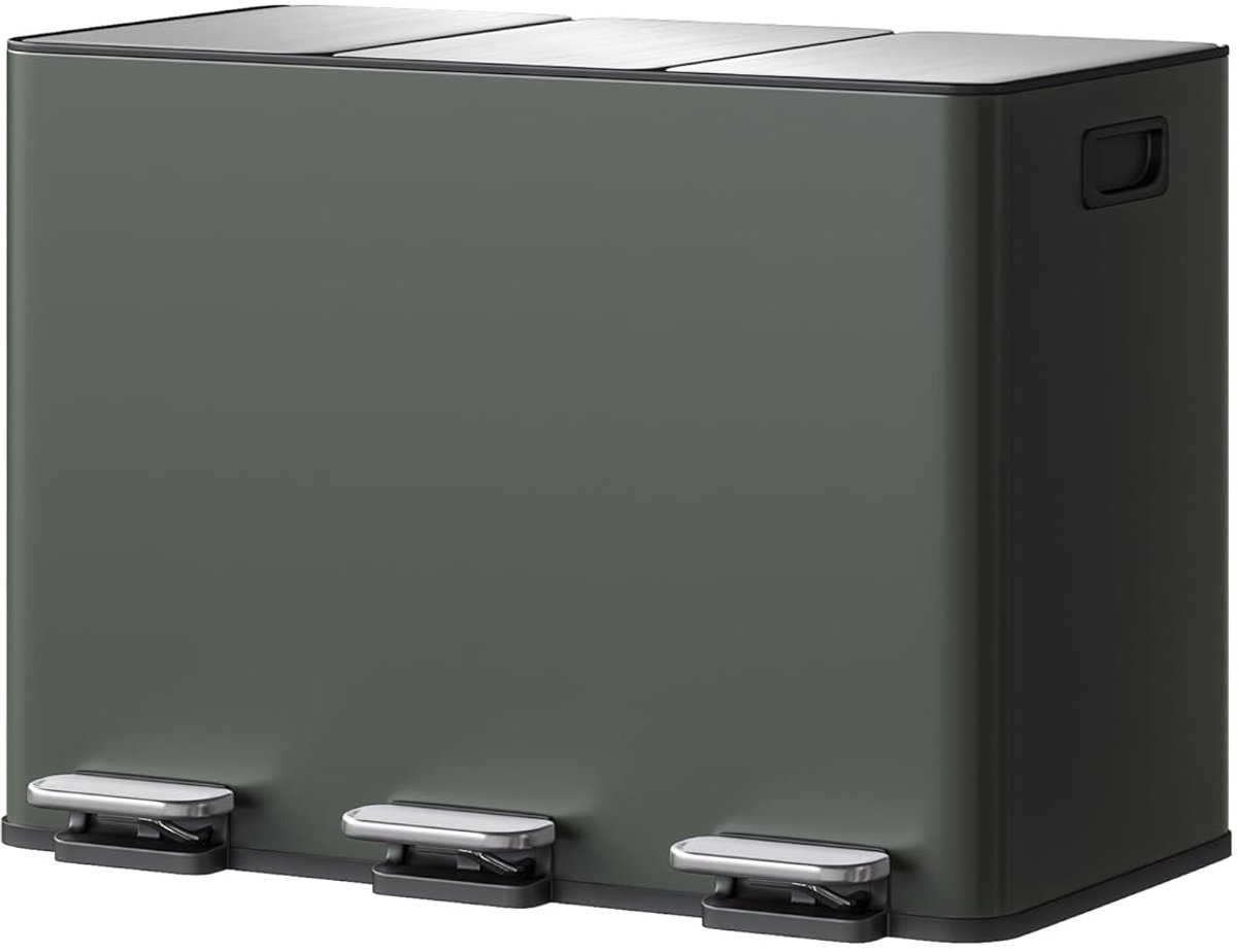 45L (3 x 15L) RVS pedaalemmer met 3 vakken - Soft-Close deksel, uitneembare binnenemmers, afvalscheidingssysteem voor keuken, groen