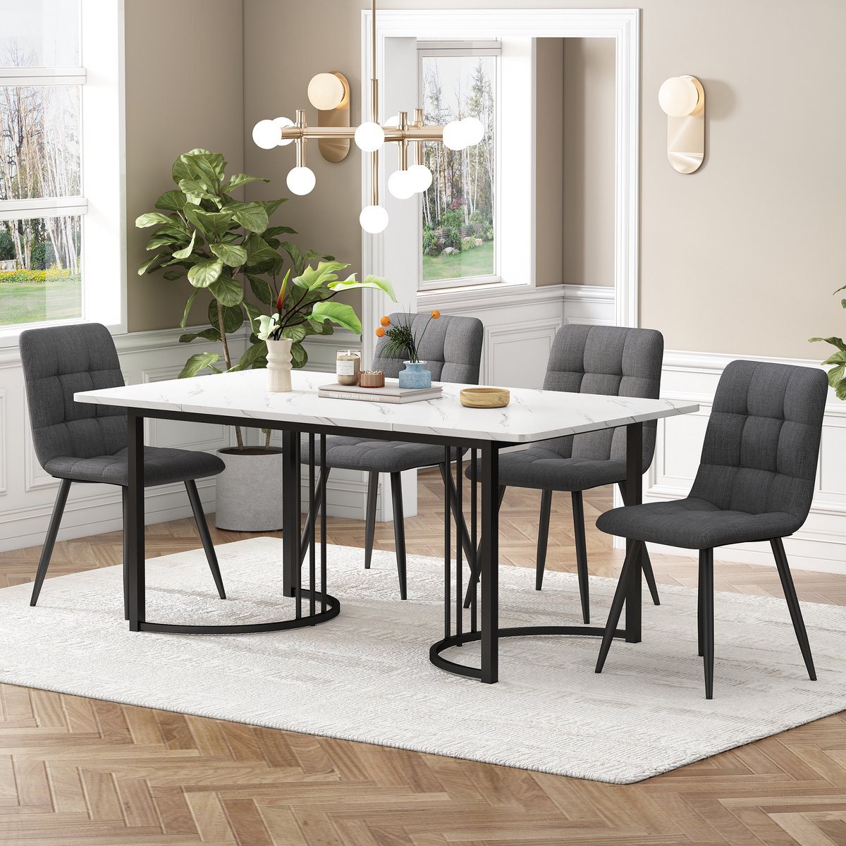 STILVORA Eettafelset 5 Delig - Eettafel 140×80 Cm Met 4 Stoelen - Keuken En Eetkamer - MDF Wit Met Marmerpatroon - Zwart Metaal