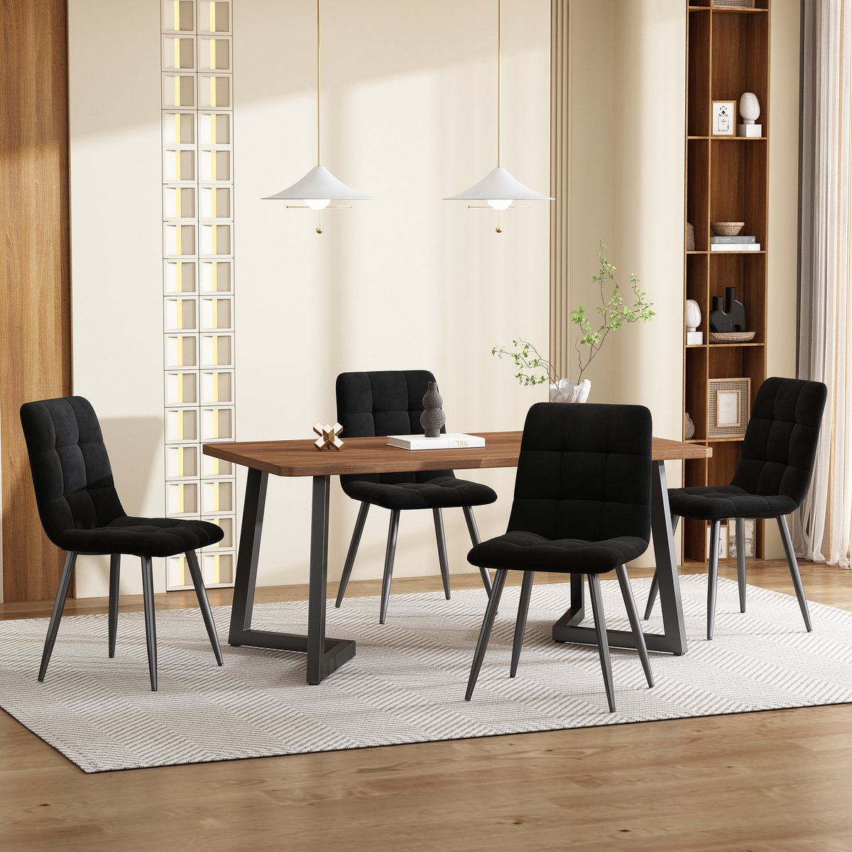 STILVORA Eettafelset Met 4 Stoelen - Modern Voor Keuken En Eethoek - MDF Notenhoutlook - Zwart Metalen Poten - 117×68×75 Cm