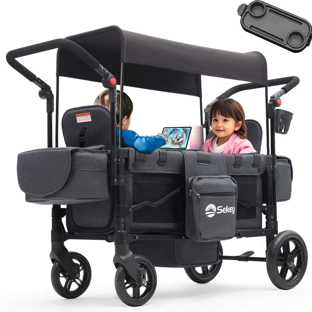 Sekey - Bolderkar Opvouwbaar - Bolderwagen - Bolderkar Met Zitjes - Kinderwagen - Tot 6 Jaar - Stevig Metalen Frame - Zwart