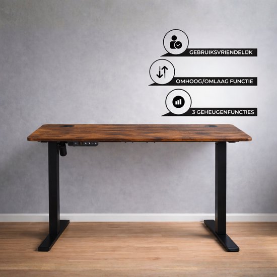 Bruin zit sta bureau met zwarte poten, gebruiksvriendelijk, omhoog/omlaag functie en 3 geheugenfuncties.
