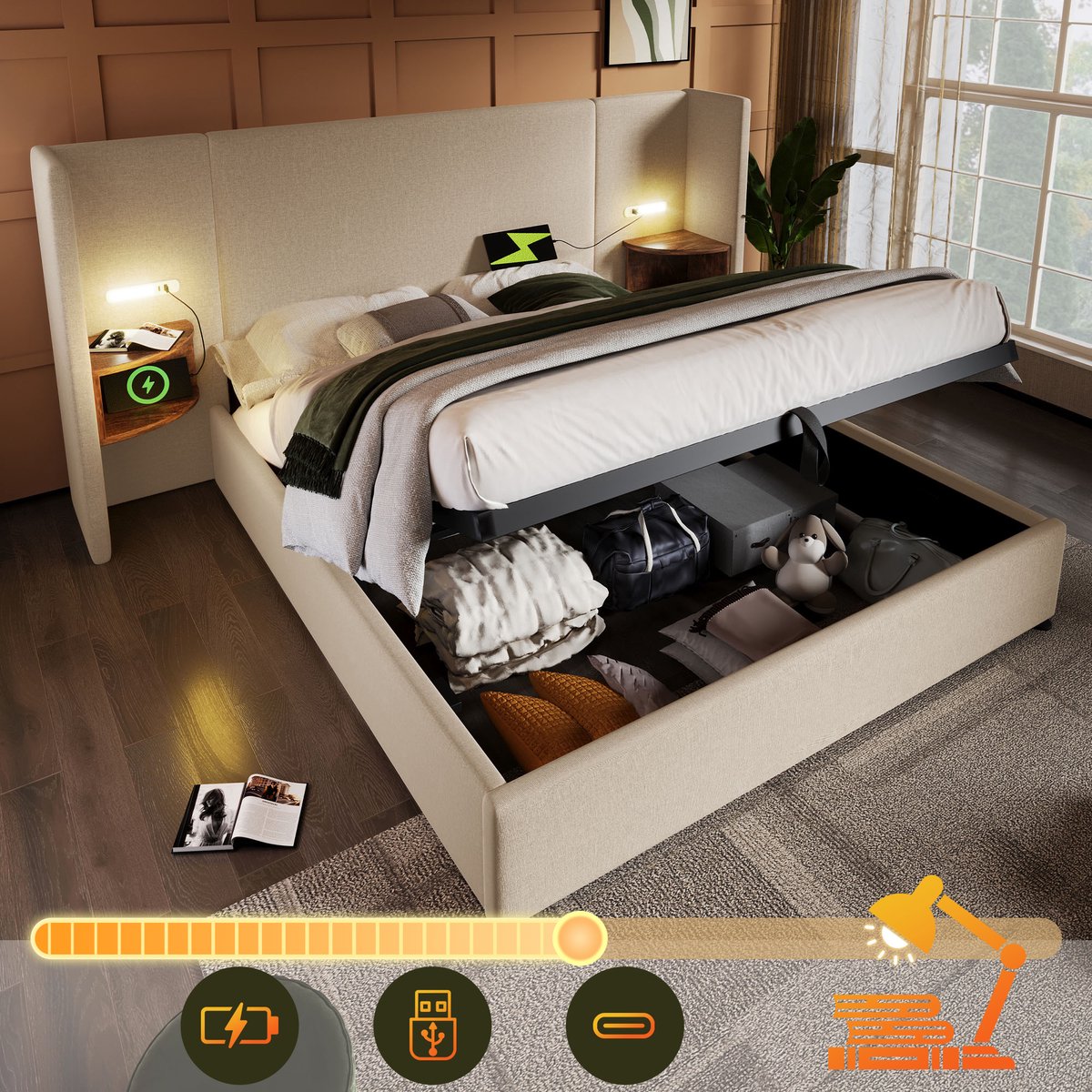 Gestoffeerd Tweepersoonsbed - 180x200 - LED + USB-C + Nachttisch + Leeslamp - Hydraulisch 