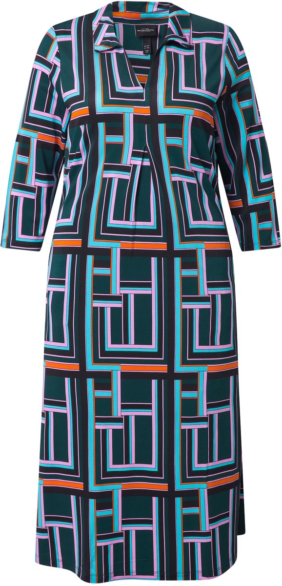 Ulla Popken Dames - Slinky midi-jurk grafisch dessin overhemdkraag 3/4-mouwen - Diepgroen - Maat 54+