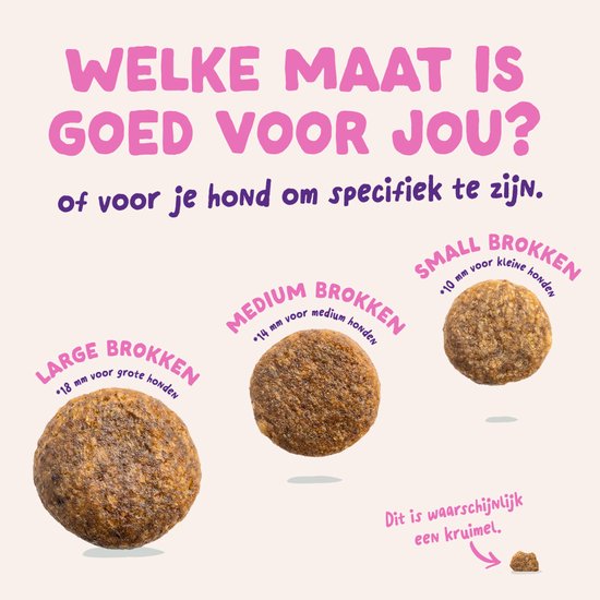 Drie maten hondenbrokken: Large (18mm), Medium (14mm), Small (10mm) met Nederlandse beschrijving.