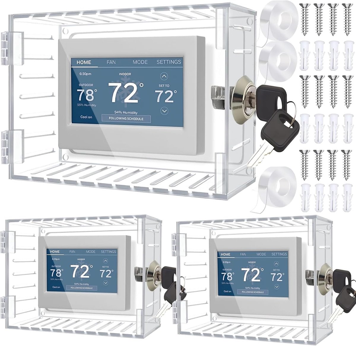 3 stuks thermostaatslotkast met sleutel - Transparante thermostaatslotkastafdekking met sleutel - Thermostaatafdekking met slot - Thermostaatbescherming voor thermostaat aan de muur 18,5x12 cm, AC-slotkastafdekking