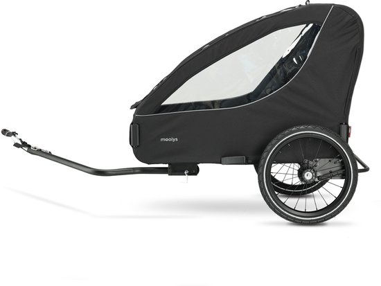 Zwarte Mooiys fietskar voor kinderen op witte achtergrond.