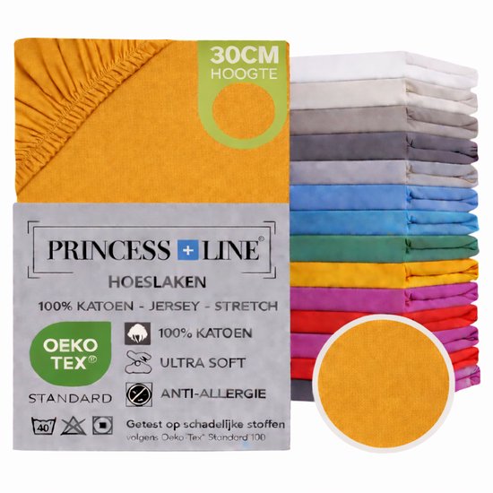 Princess Line- Comfortabel Ultra-Soft-Hoeslaken -100% katoen-Jersey -Stretch -Strijkvrij- Rondom elastiek-Hoekhoogte tot 30cm-2Persoons- Lits-Jumeaux-180x200 cm-Okergeel