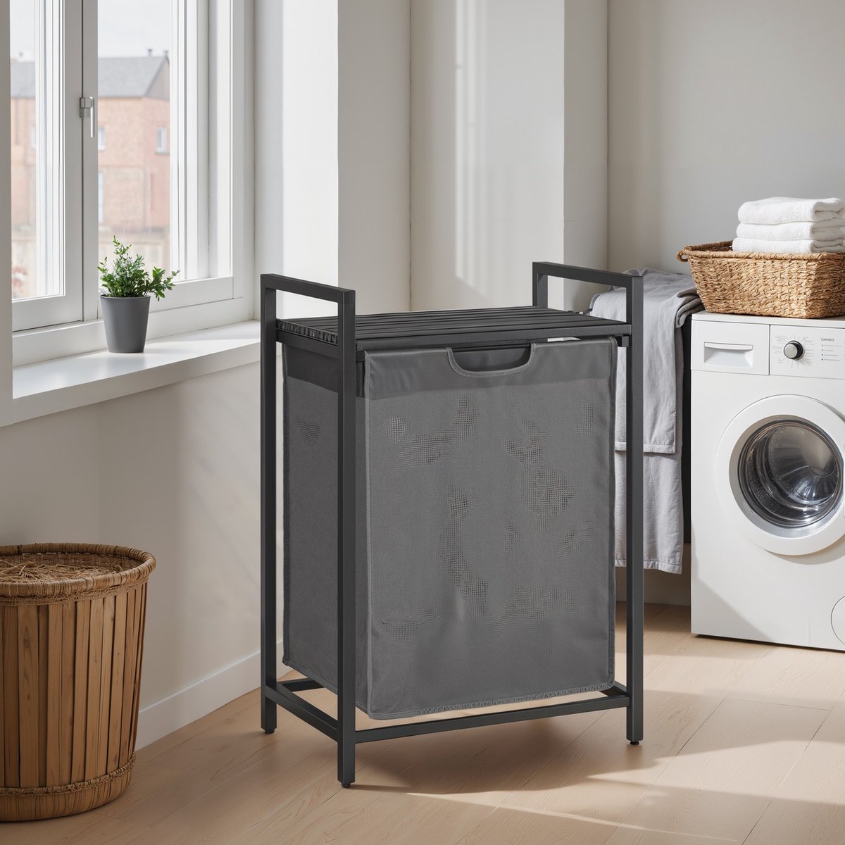 Wasmand – Metalen frame – Rustiek bruin en zwart – Uittrekbare en verwijderbare binnenzak, 65 liter