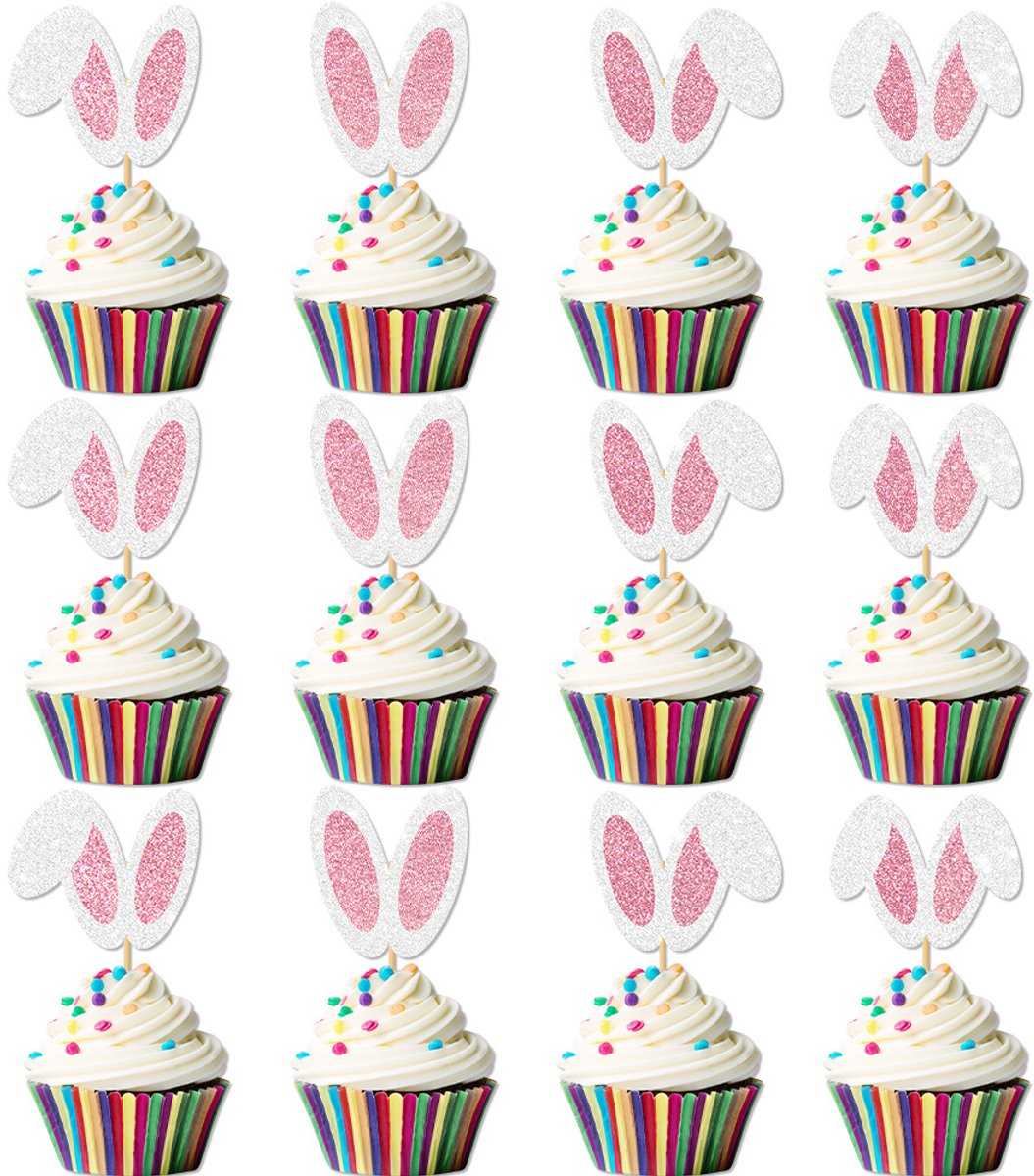 Daity Verpakking van 24 cupcakeversieringen in de vorm van paashaasjesoortjes - glinsterende roze cupcakeversieringen met paashaasjes - cupcakeversieringen met paashaasjes - taartversieringen met paashaasjes - feestartikelen (roze)