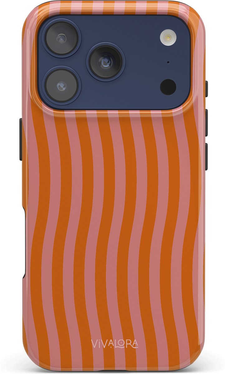 VivaLora Tough Telefoonhoesje iPhone 17 Pro met MagSafe - Tropical Dream Print - 2-in-1 Phone Case - Hard Case & Siliconen Back - Extra Bescherming - Shockproof - Golvende strepen - Roze/Oranje