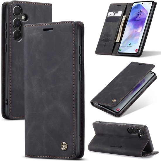 Samsung Galaxy A57 hoesje Charcoal Gray kunstleer wallet case met pasjeshouder, magnetische sluiting, standaardfunctie