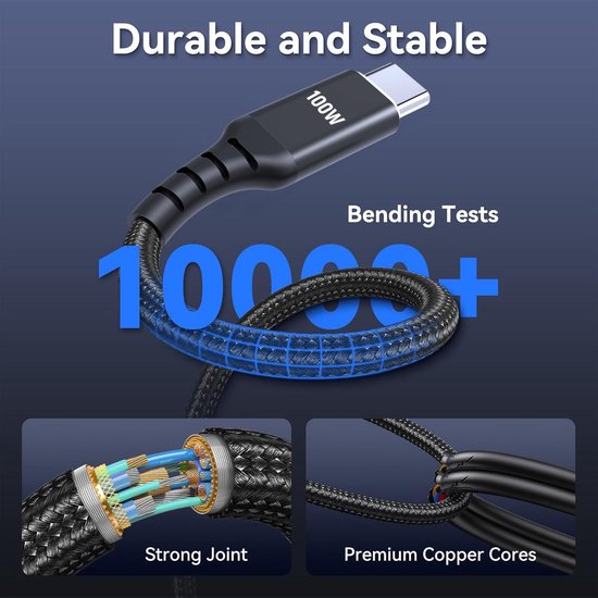 Zwarte USB-C kabel met "100W" erop, getest op 10000+ buigingen.