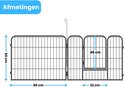 Afmetingen van de metalen puppyren: hoogte 60 cm, lengte per paneel 80 cm en 32 cm.