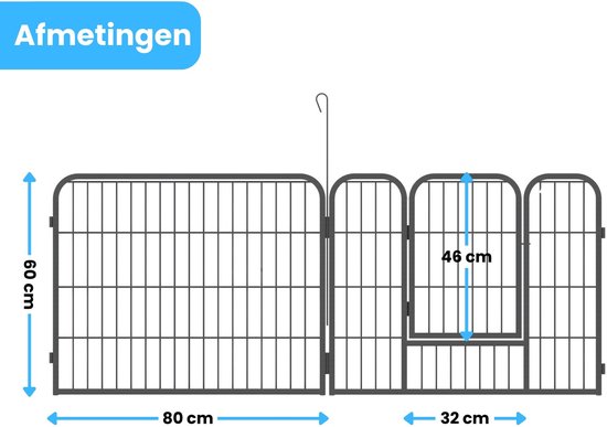 Afmetingen van de metalen puppyren: hoogte 60 cm, lengte per paneel 80 cm en 32 cm.