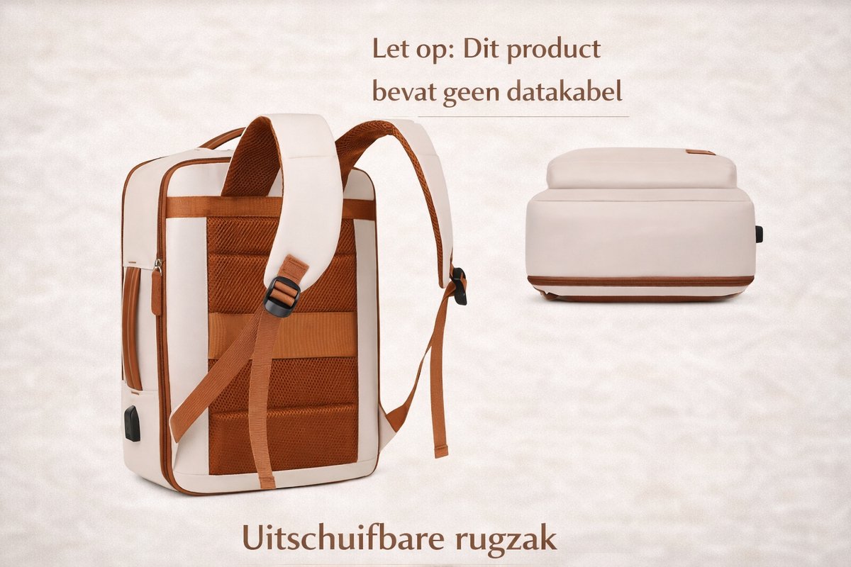 Dutchers® Laptoptas Dames - Rugtas - 24L - Reistas - Rugzak - Backpack - Met oplaad mogelijkheid, Laptop vak, Afsluitbaar droogvak - Laptoprugzak - Beige – foto 2