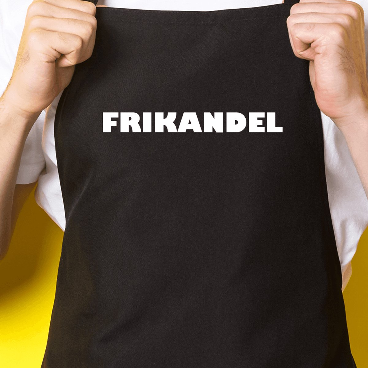 Zwart keukenschort / BBQ-schort met tekst | Frikandel | Katoen - One size - Verstelbaar - Wasbaar - Cadeau voor hem - Vaderdag - Gratis verzending - Cadeau voor Kerst & sinterklaas | Incl. 2 jaar garantie