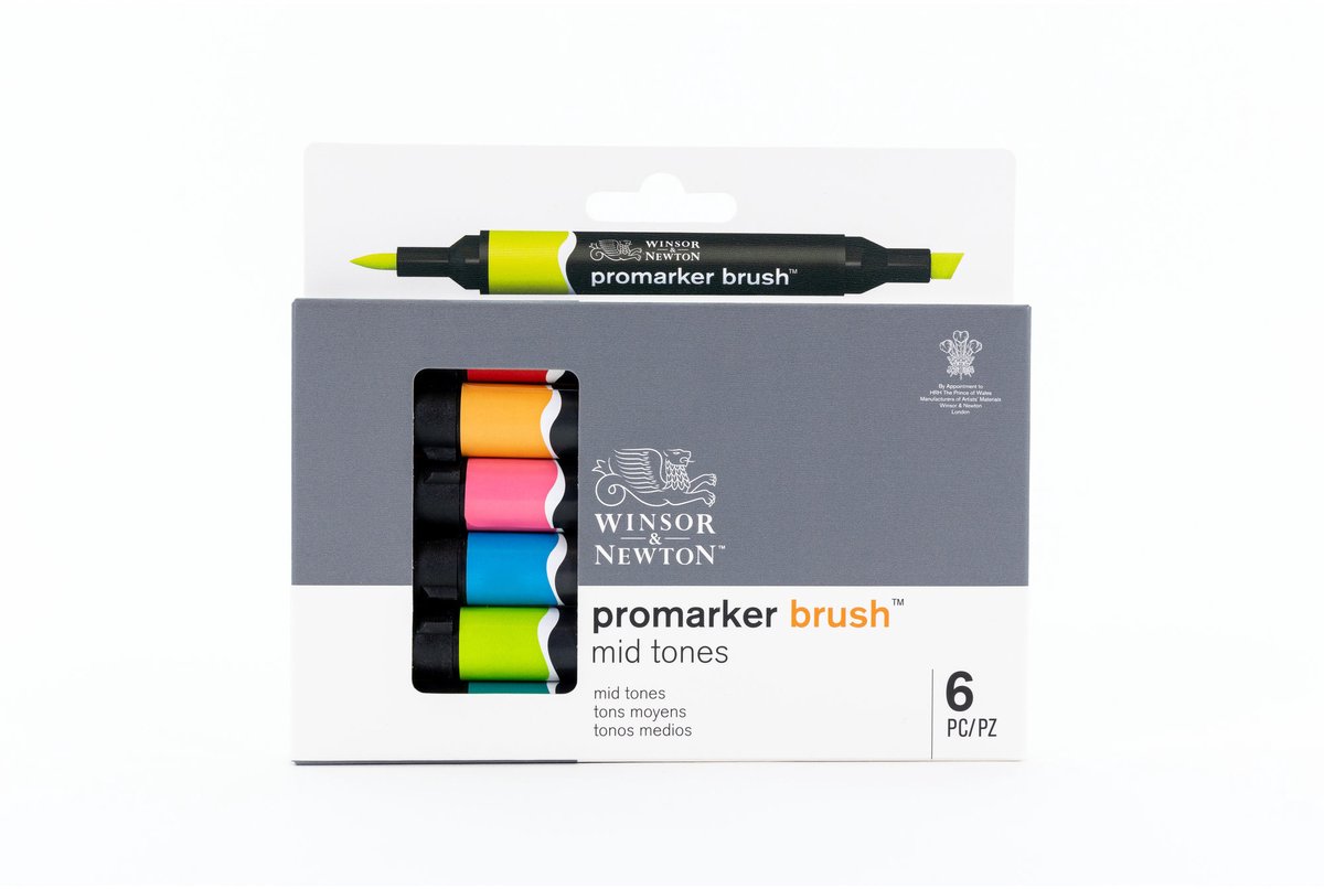 Winsor & Newton 0290124 Promarker Brush 6 Mid Tones Set | Professionele alcoholmarkers & layoutmarkers