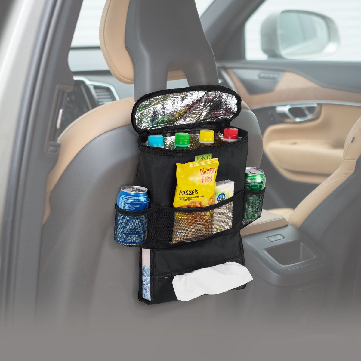 Auto-organizer voor stoelrug - Met thermovak - 5 vakken - Zwart - 40×30×7 cm - Eenvoudige montage aan hoofdsteun - Max. 5 kg - Mesh zijvakken [54923T]