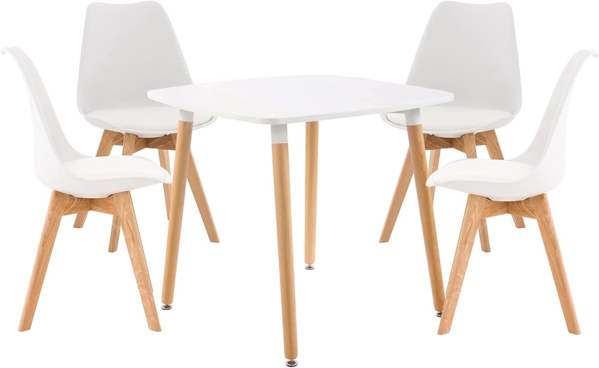 Eethoek Set - Eetkamerset Tafel Stoelen - Samen Eten - Houten Frame - 80x80 cm - Wit