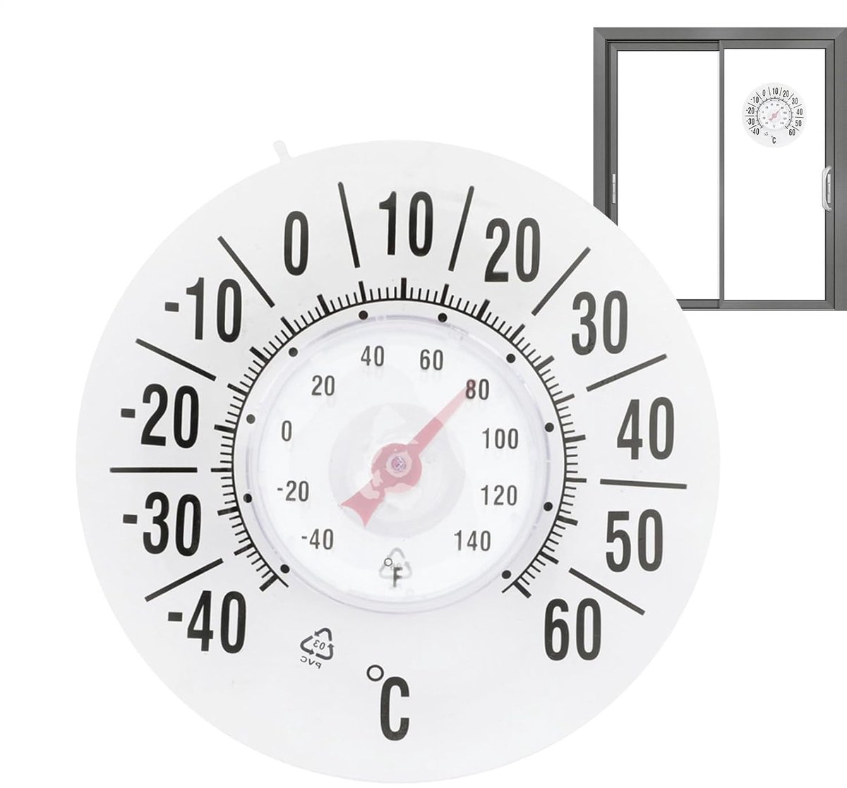 Temperatuurmeter Binnen Buiten - Weerthermometer Raam - Nauwkeurig Meten - Analoge Waterdichte Zuignap - 180mm Diameter