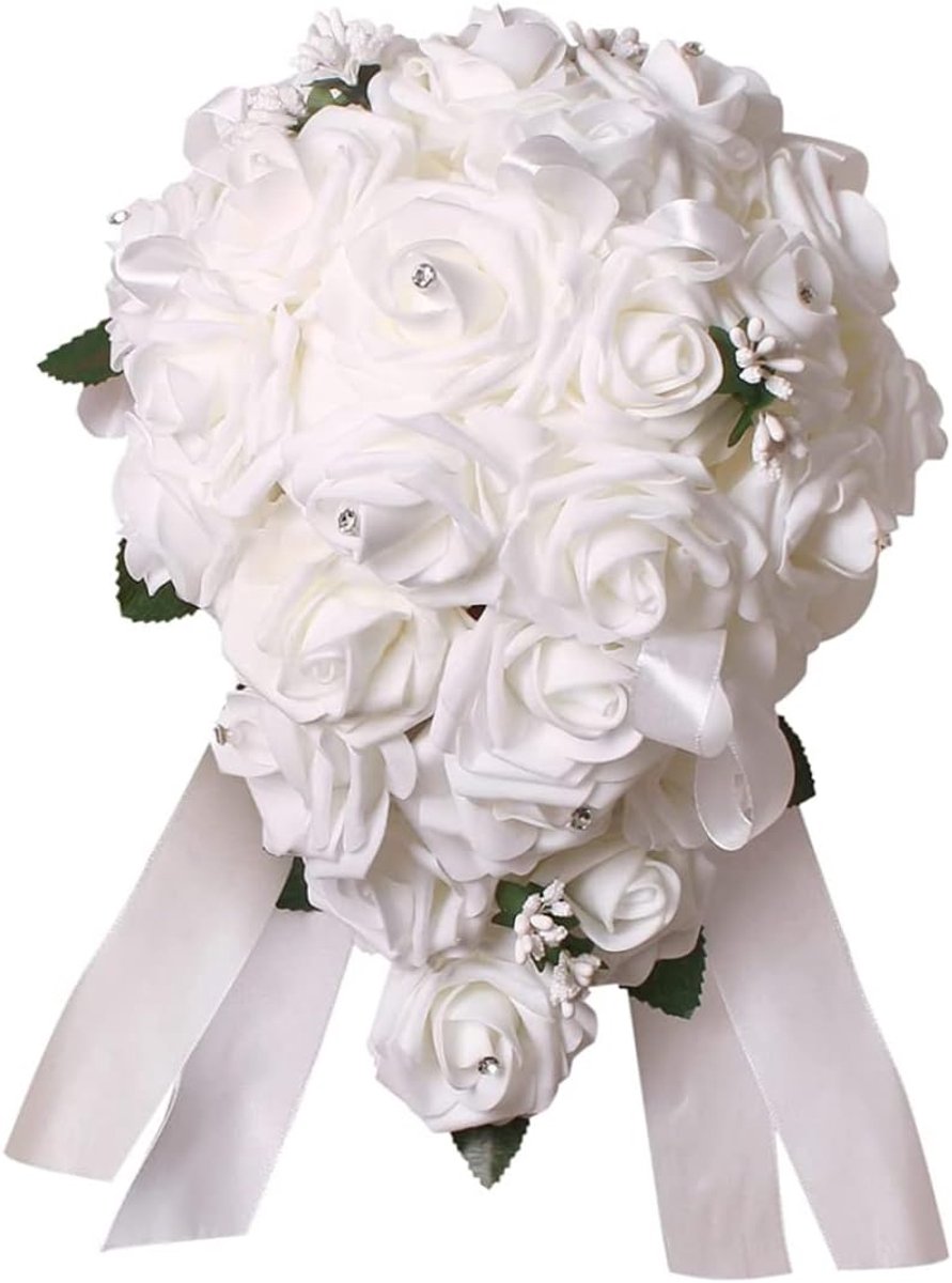 Bruidsboeket Kunstbloemen - Decoratie Boeket - Bruiloft Decoratie - Zijdebloemen Met Lint - 30cm Diameter - Wit