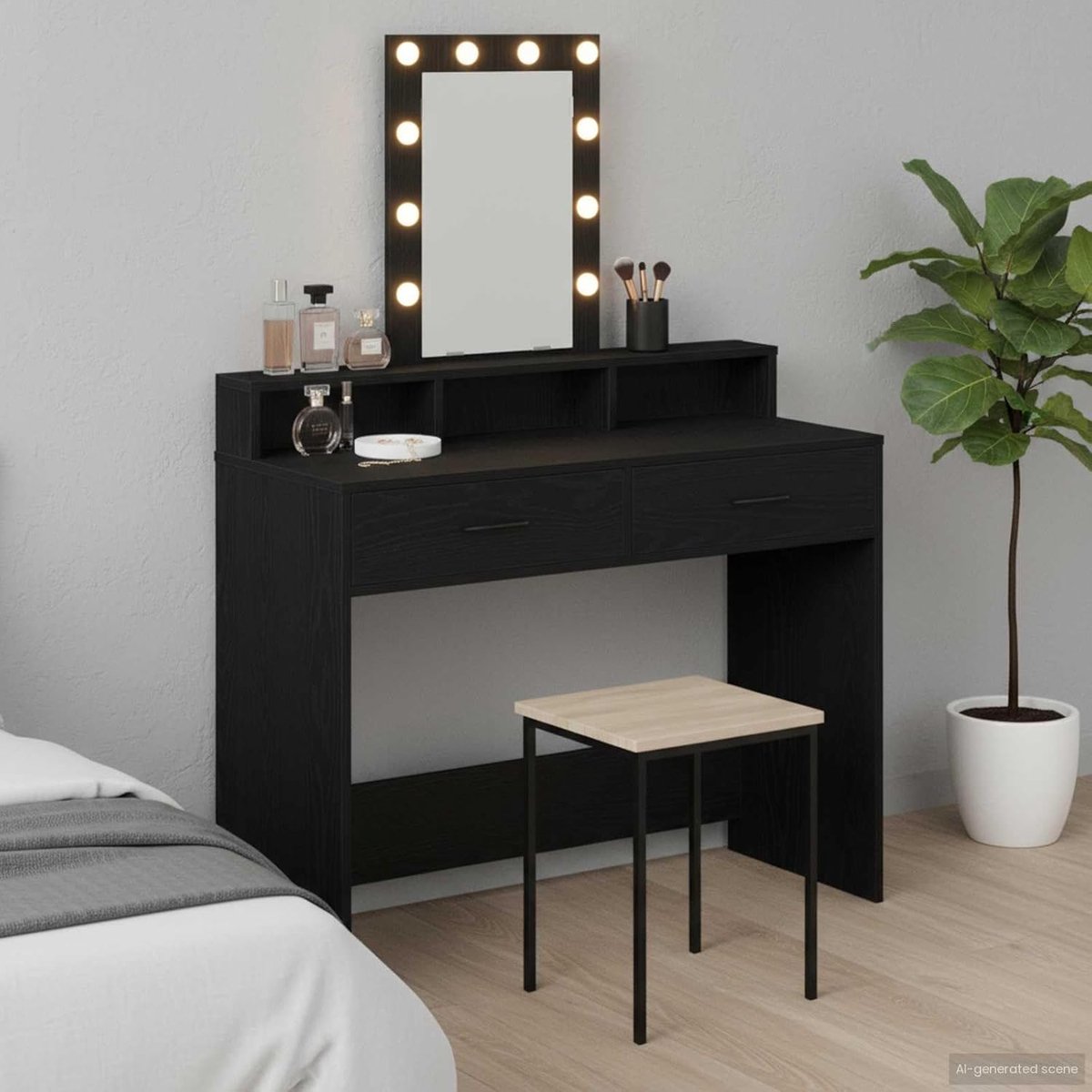 Toilettafel - Kaptafel Schminktafel - Slaapkamer Make-up - Geïntegreerde Verlichting - 100x41x140cm - Zwart