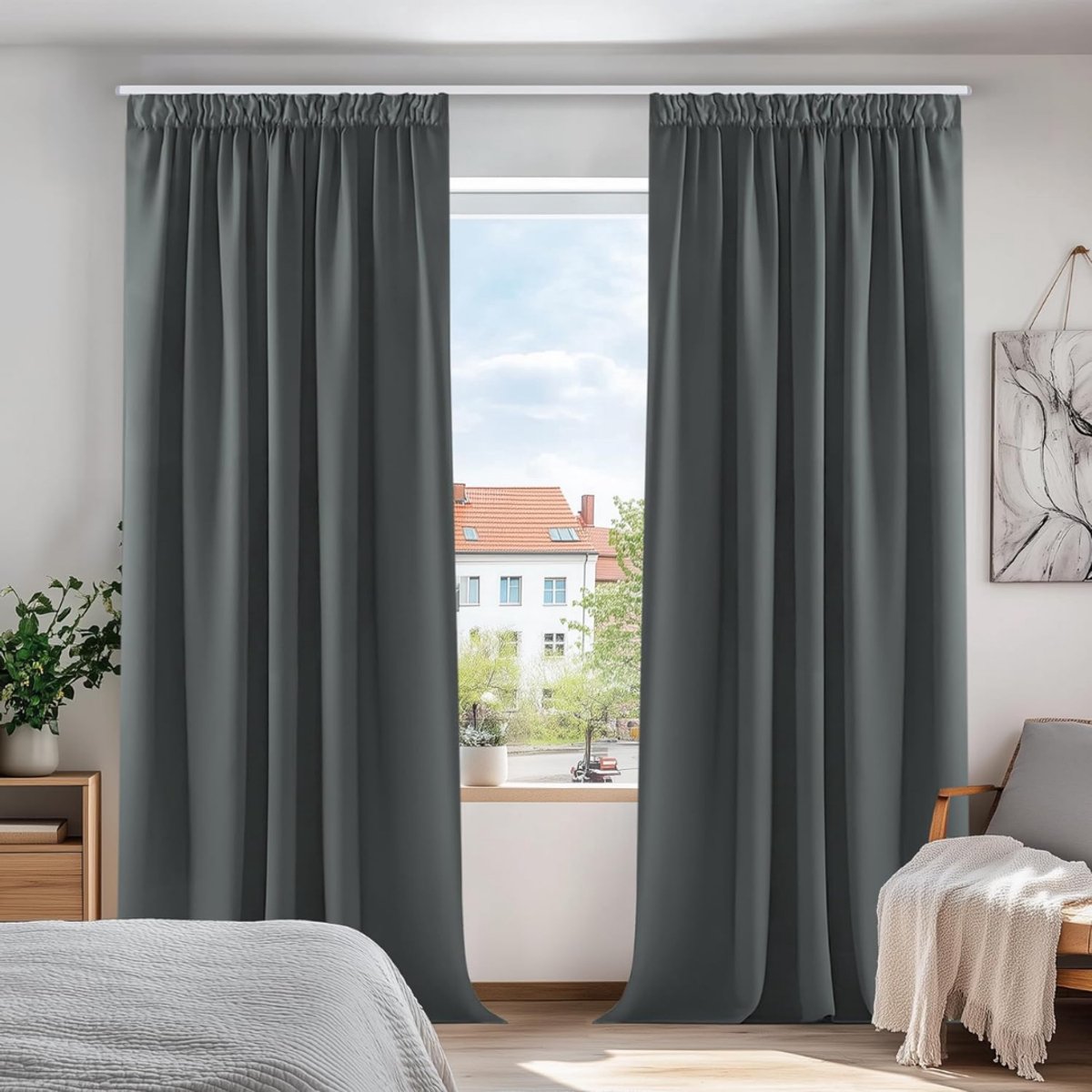 SNJY® Gordijnen Kant en Klaar met Haakjes - Vitrage Kant en Klaar met Haakjes - Gordijnen Verduisterend met Haakjes - 175 x 140 cm (H x B) - 2 Stuks - Donkergrijs