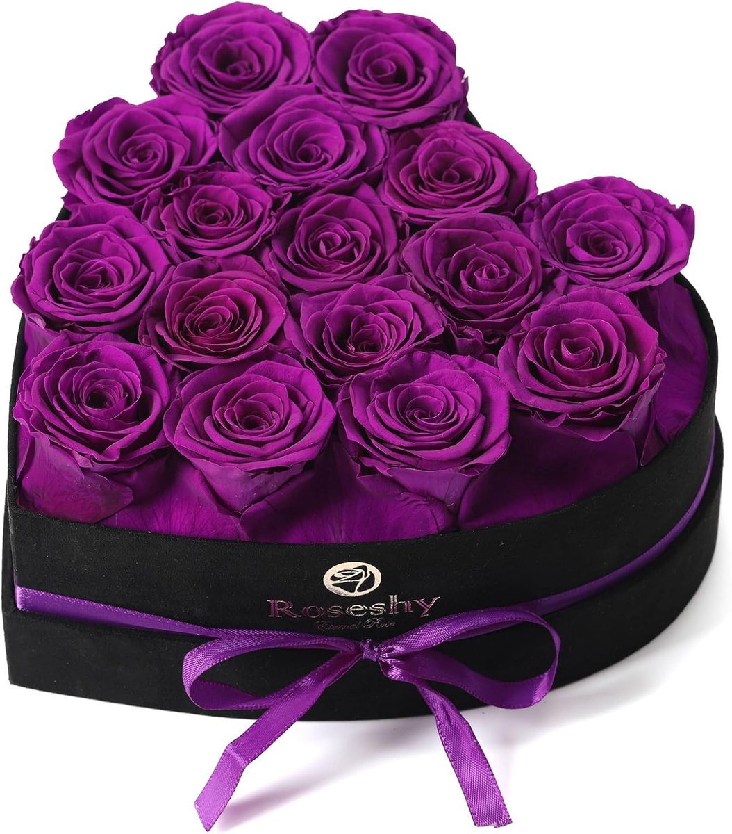 Bewerkte Rozen - Eeuwige Bloemen - Cadeau Geven - Hartvormige Doos - 16 Stuks - Paars