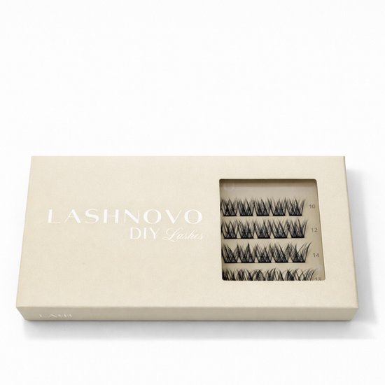 Lashnovo DIY wimperextensions in een beige doosje met zichtvenster. Drie rijen met wimpers van 10, 12 en 14 mm.