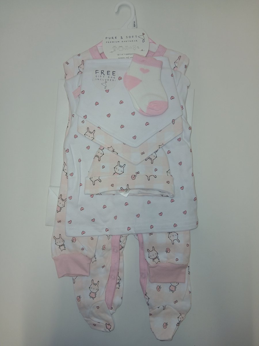 Pure & Soft - cadeauset baby - 7-delig - meisjes - konijntjes - hartjes - maat 62